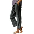 thumbnail image 3 of UVEASISHA Cropped Linen Pants for Women 2025 Summer Striped Straight Leg Pants Elastic Waist Comfy Lounge Beach Trousers with Pockets Black L, 3 of 6