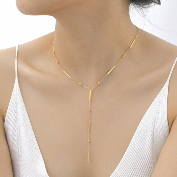 Beaded Long Chain Y Shape 14K Yellow Gold Necklace For Women, Minimalist Drop Bar Pendant Choker Necklaces, Clavicle Chain Jewelry