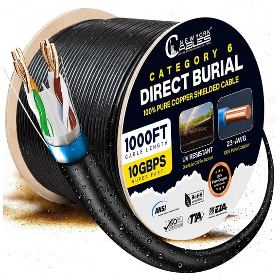 NewYork Cable Cat6 1000ft Outdoor Waterproof Direct Burial Ethernet 23AWG Solid Copper