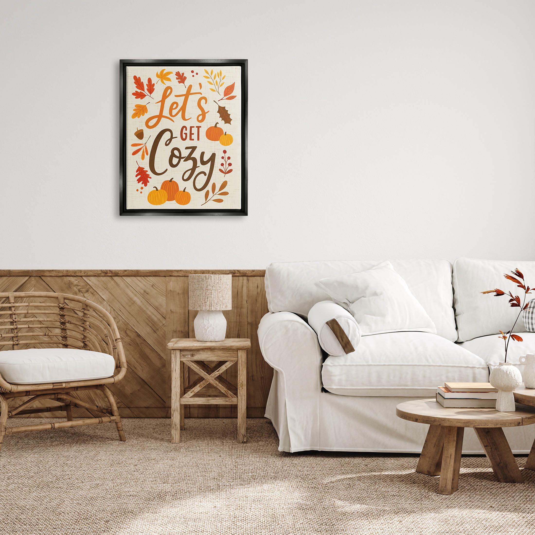 Lets Get Cozy Autumnal Leaf Sprigs Holiday Graphic Art Jet Black Framed Art Print Wall Art