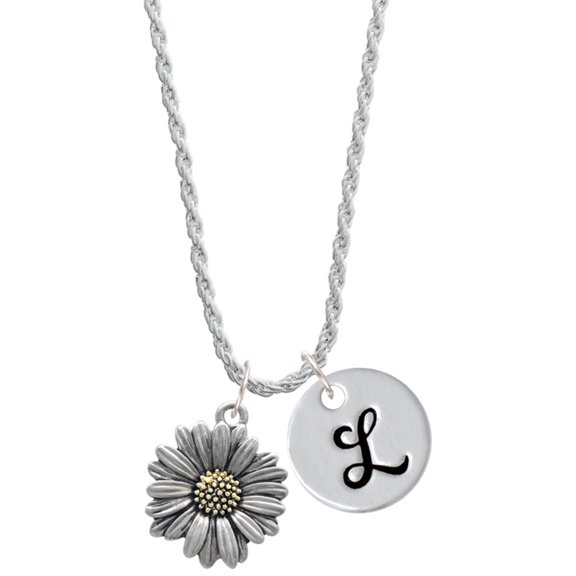 Delight Jewelry Two-tone Large Daisy Flower Silvertone Script Initial Disc - L - Charm Necklace, 20"+3"