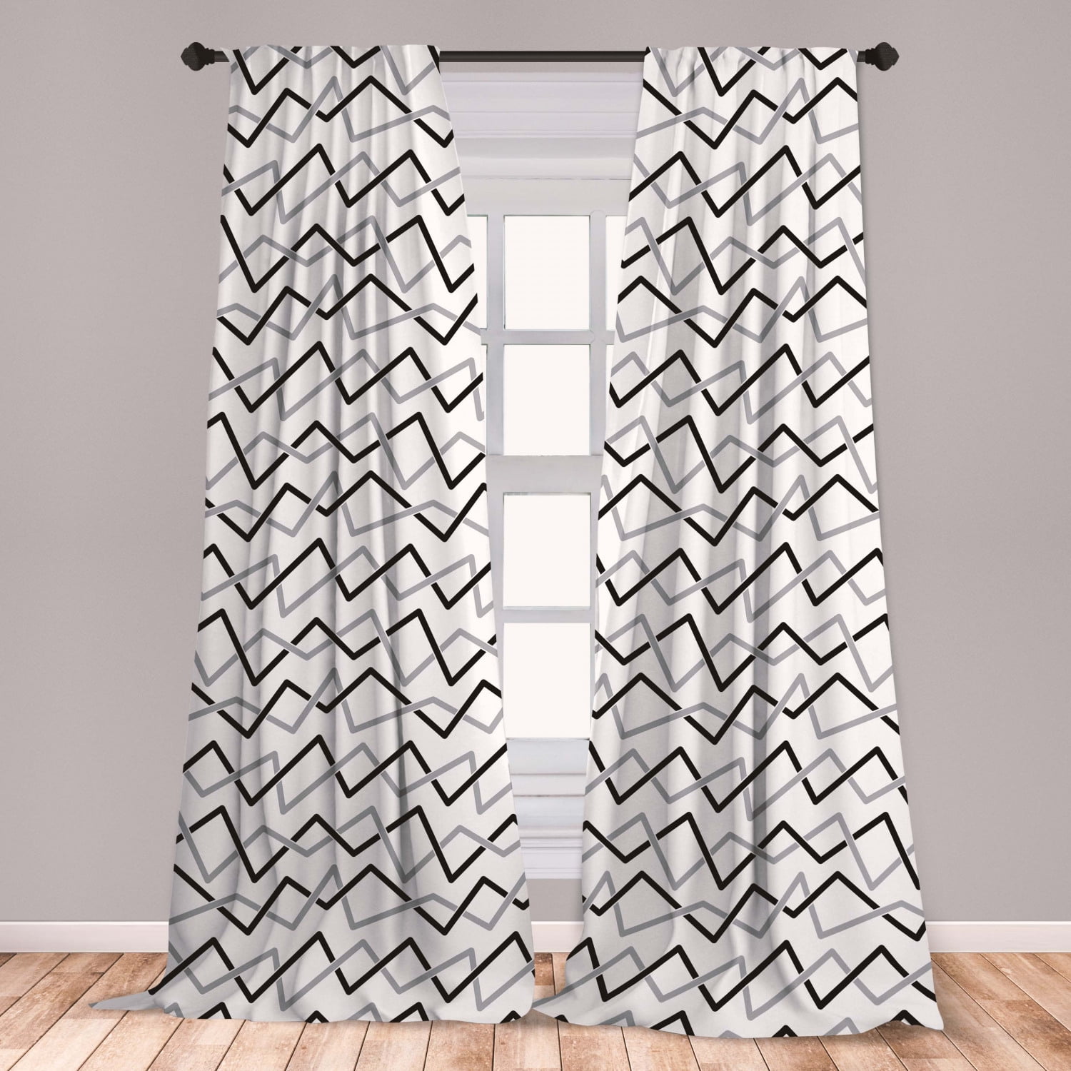 Black and Grey Curtains 2 Panels Set, Angled Stripes Line Art Design