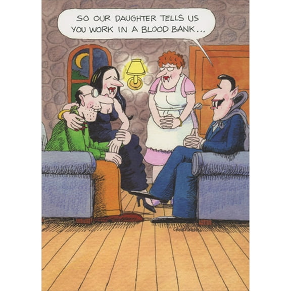 RSVP Vampire Family Talking to Blood Bank Worker in Living Room Funny Halloween Card