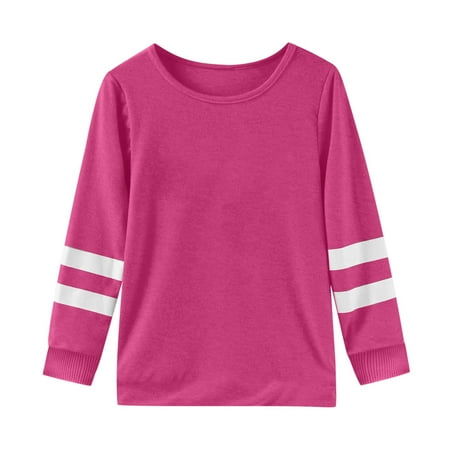 NAFUU Girl s T Shirts Long Sleeve T-Shirt Children s Crew Neck Solid Color Top With Striped Blouses For Girls Sizes 8-9 Years