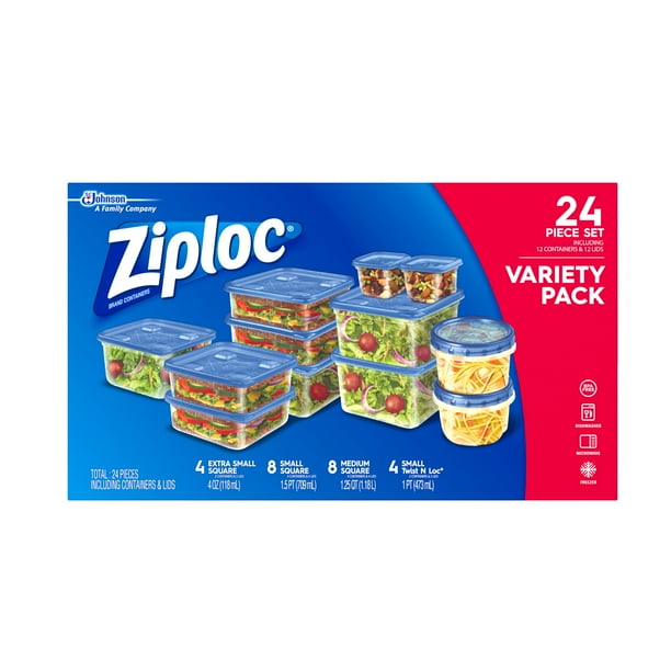 Ziploc Containers Variety Pack, 2.48L Total, 12 Plastic Containers and 12 Plastic Lids for Food
