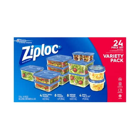 Ziploc Containers Variety Pack, 2.48L Total, 12 Plastic Containers and 12 Plastic Lids for Food Storage