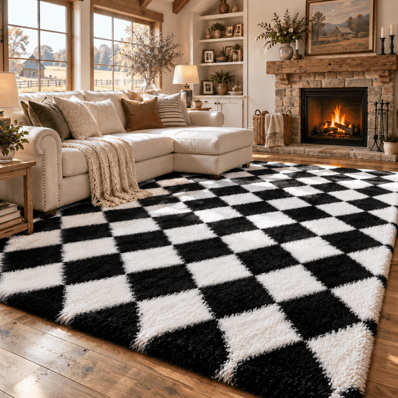 UNTIMATY 8' x 10' Area Rug, Soft Fluffy Shag Rug, Black and White Checkered Rug for Living Room Bedroom, Plush Indoor Carpet