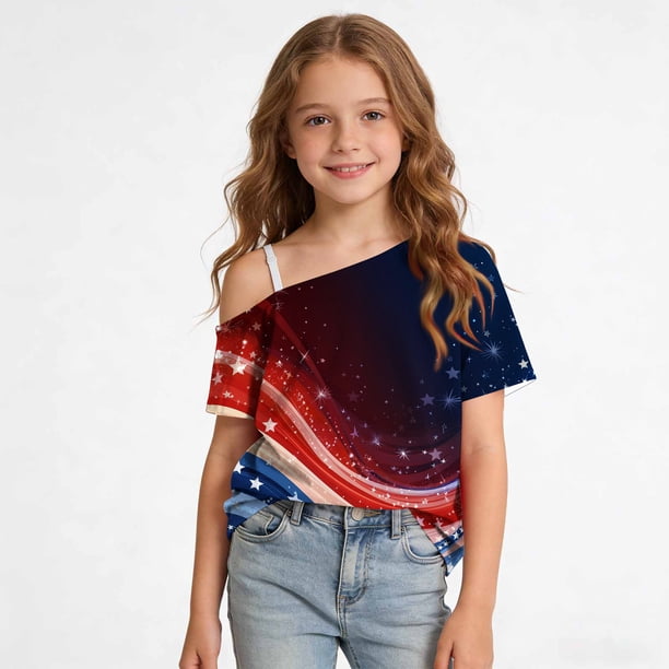 Odeerbi Niñas 4 de Julio Camiseta de Un Hombro Manga Corta Día de La Independencia Tops Gráficos
