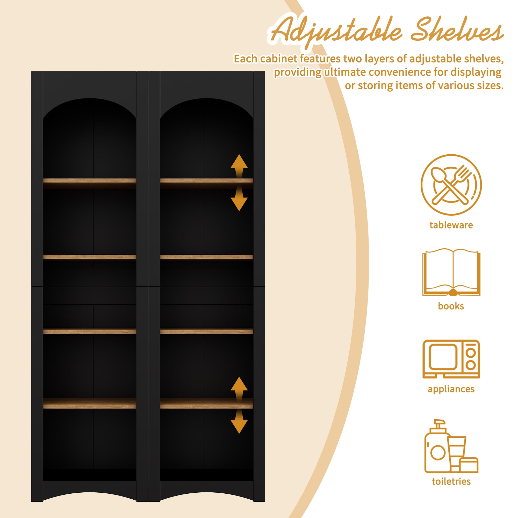Euroco Modern 72"H Kitchen Pantry Cabinet，Free Standing 5 Tier Bookshelves, Bookcases Set of 2, Farmhouse Two-Tone Storage Cabinet with Adjustable Shelves，Black