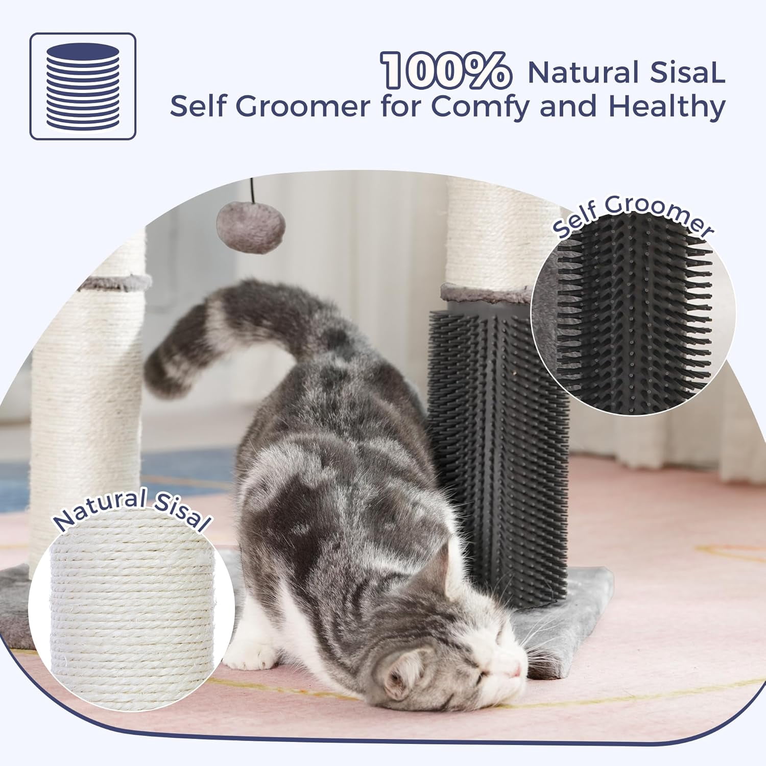 Cat Tree Tower for Large Cats Cat Scratching Post with Cat Self Groomer,Top Bed, Thick Scratch Post Danging Ball Great for Indoor Cats