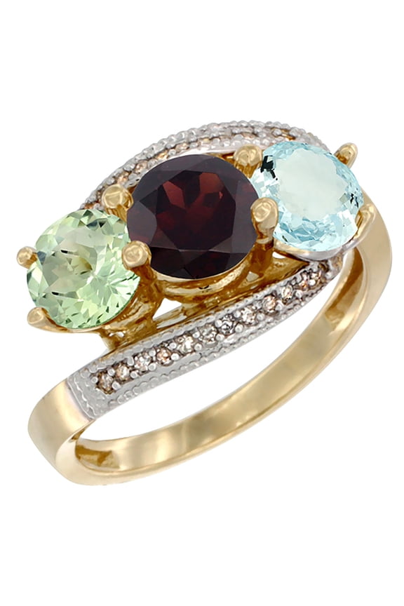 14K Yellow Gold Natural Green Amethyst, Garnet & Aquamarine 3 stone Ring Round 6mm Diamond Accent, size 7.5