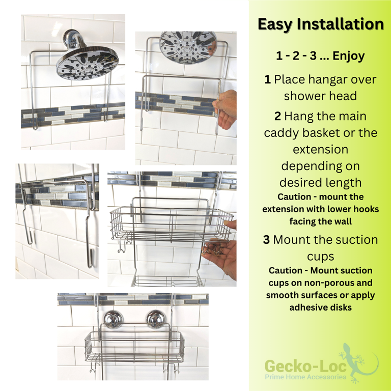 Gecko-Loc Extra Long Wide Adjustable Length over the showerhead hanging  shower caddy organizer - stainless steel bathroom caddies storage rack  shelf