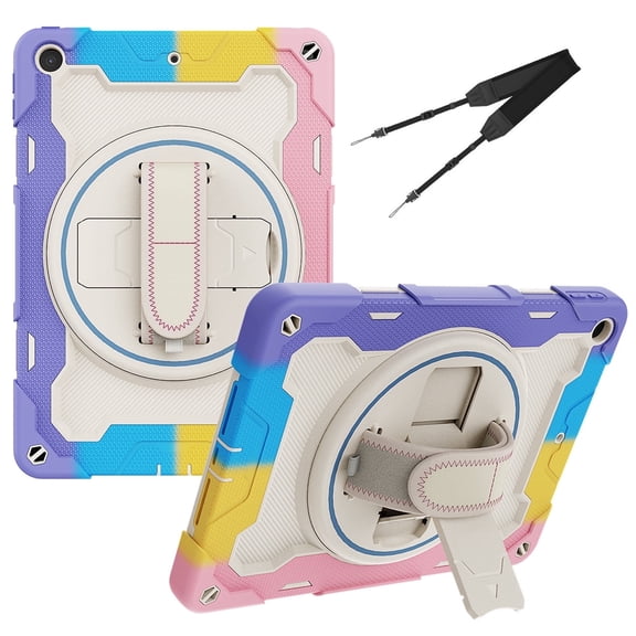 3in1 Rotating Stand Case for iPad 9th 8th 7th Gen 10.2 inch 2021 2020 2019 with Hand/Shoulder Strap, Shockproof Rugged, Pink