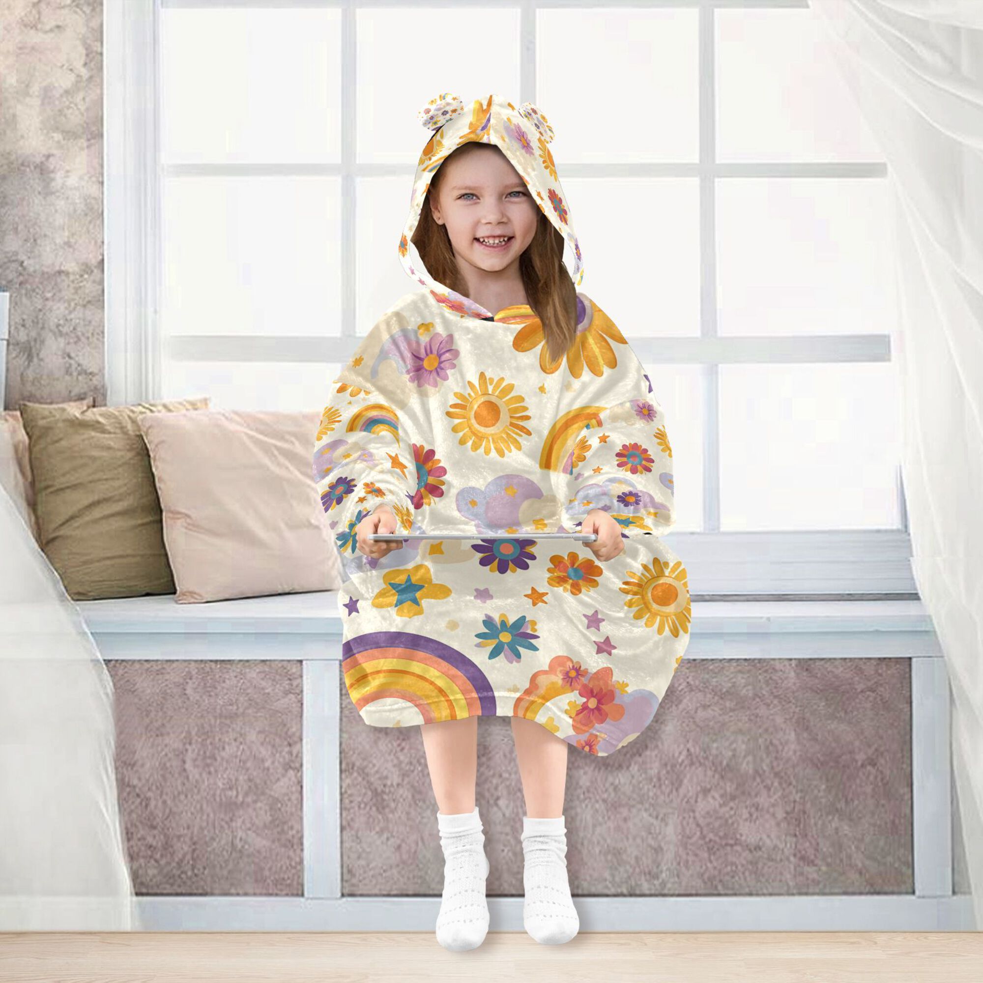 FORMRS Wearable Blanket Hoodie with Sleeves for Kids Cozy Flannel Sweatshirt, Beige Retro Rainbow