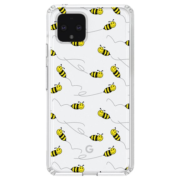 DistinctInk Clear Shockproof Hybrid Case for Google Pixel 4 (5.7" Screen) - TPU Bumper, Acrylic Back, Tempered Glass Screen Protector - Repeating Bumble bees