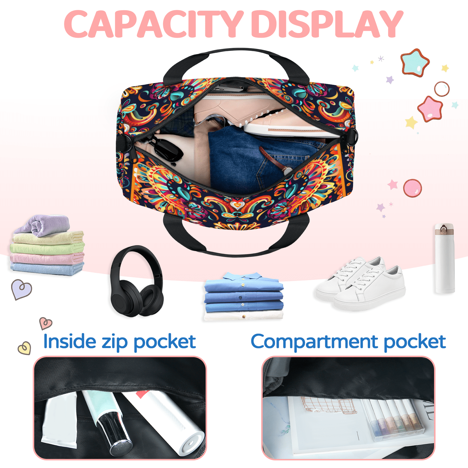 Herdesigns Mexica Flower Floral Gym Bag for Women, Duffle Bag for Travel Sport, Lightweight Waterproof Carry on Weekender Overnight Dance Yoga Workout Bags