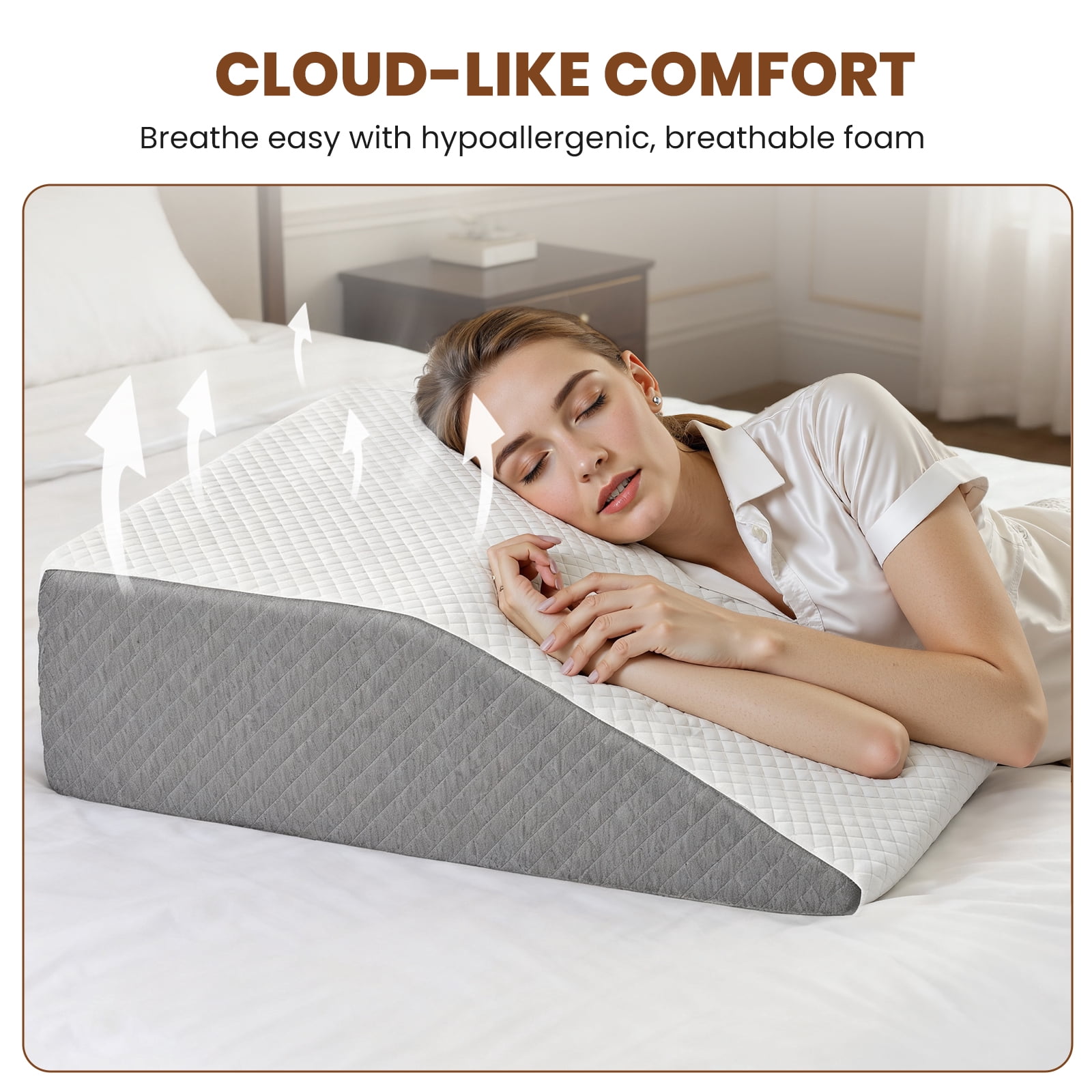 CONCETTA Wedge Pillow for Sleeping, Memory Foam Body Pillow for Acid Reflux, Neck & Back Pain Relief, Post-Surgery Recovery & Snoring Reduction, 7Inch