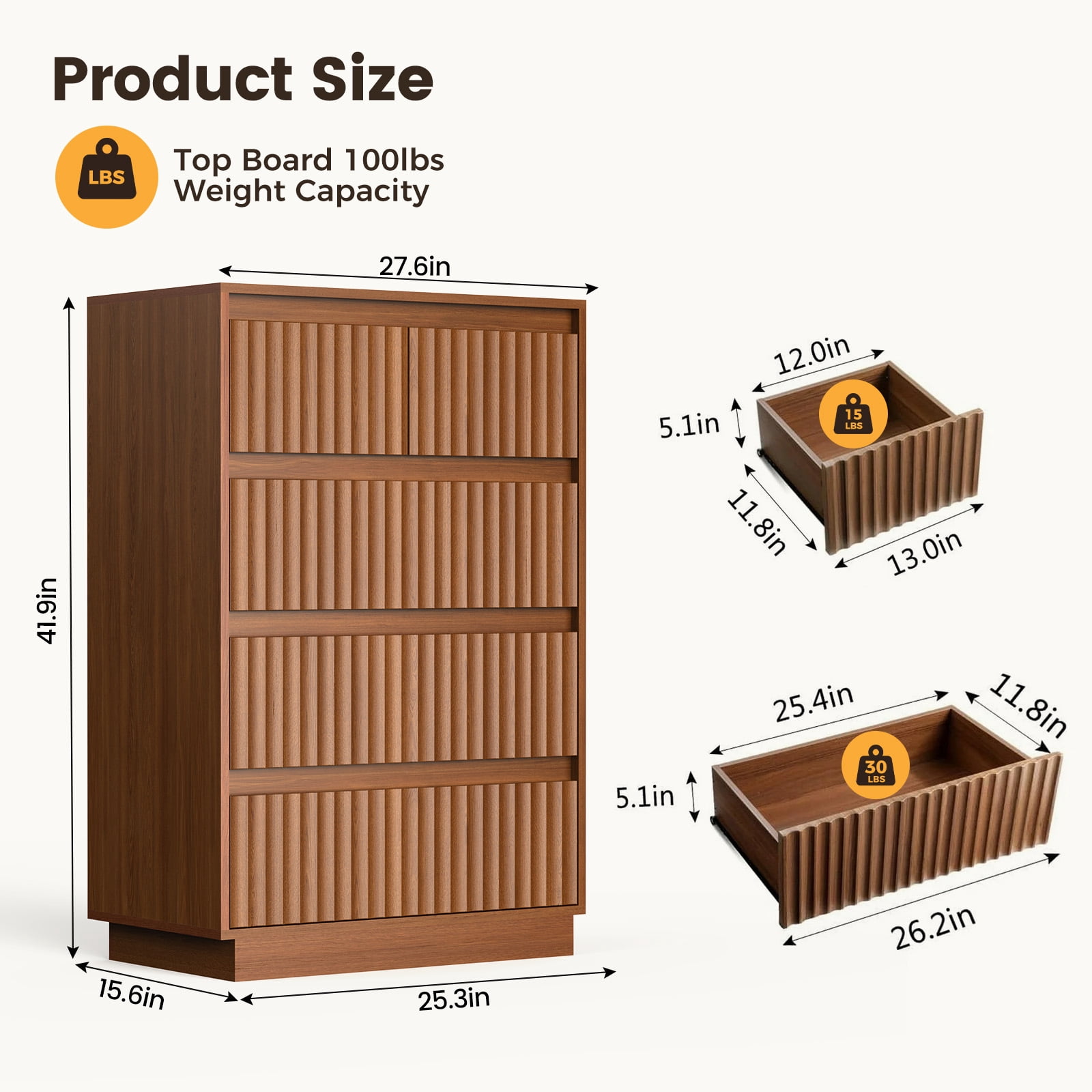 UPGO 25.3'' Fluted Dresser for Living Room, Bedroom, Hallway, Entryway with Deep 5 drawers, Wooden Dresser