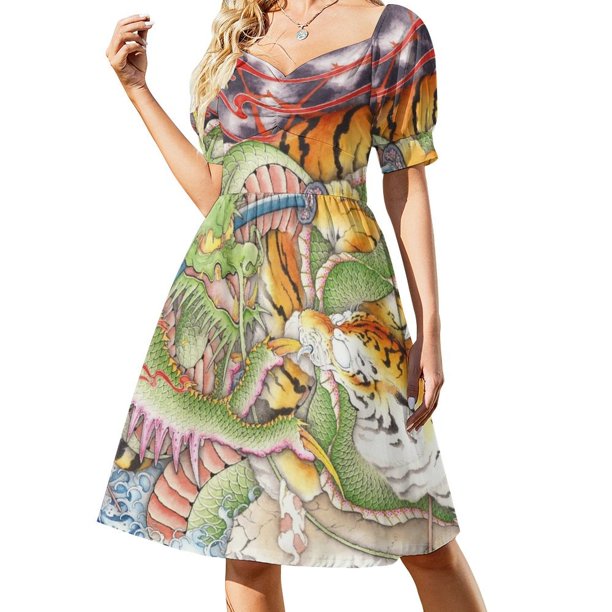 Vestido de manga corta Tigres vs Dragones Ropa de mujer Vestidos de mujer Vestidos de fiesta de verano para mujer