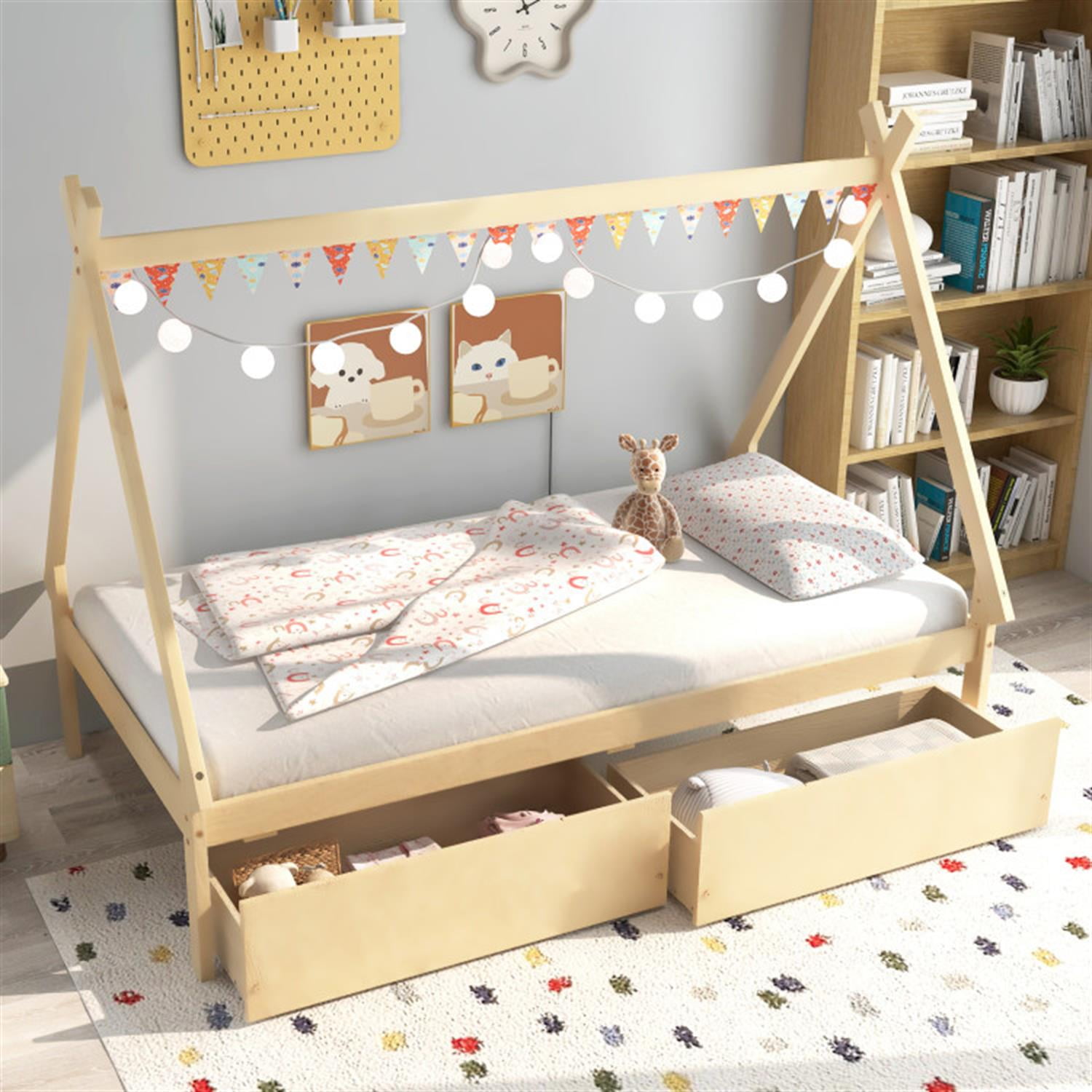 Demi Bonn Twin Size Wooden Tent Platform House Bed Frames with 2 Drawers for Teens, Beige