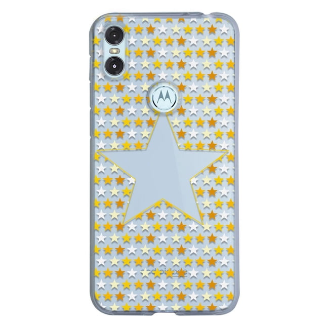 funda para moto one estrellas amarillas uso rudo transparente para Moto One, vista trasera centrada con TPU flexible de 2mm y patrón repetido de estrellas pequeñas amarillas y una estrella grande transparente en el centro, recortes para doble cámara y logo Motorola, borde transparente y protección 360 grados; adecuada también para transportar el teléfono de forma segura en bolsa o mochila.