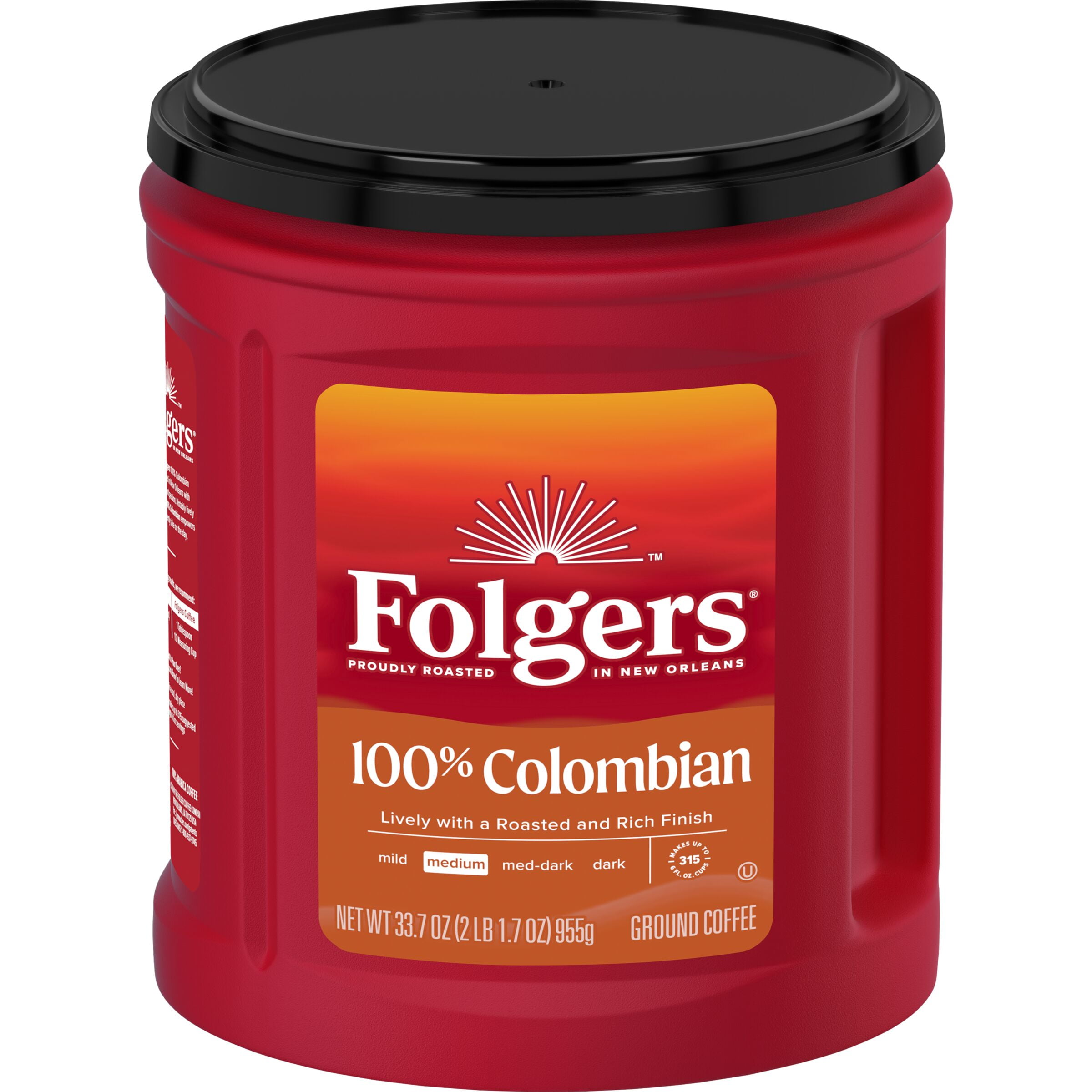 Folgers 100% Colombian Coffee, Medium Roast Ground Coffee, 33.7 Ounce Canister
