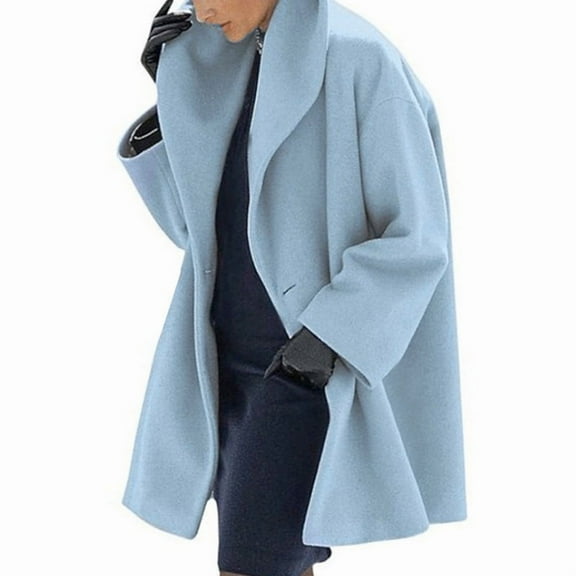 VIWORLD Women's Plus Size Hooded Wool-Like Coat Mid-Length Button Down Long Coat Warm Fall Winter Outerwear Sky Blue，S