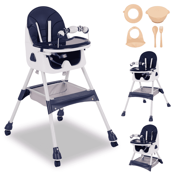 Baby High Chair, Convertible 6 in 1 Feeding Chairs for Babies and Toddlers, Foldable Baby Highchair, Adjustable Dining Tray, Backrest & Height, Blue