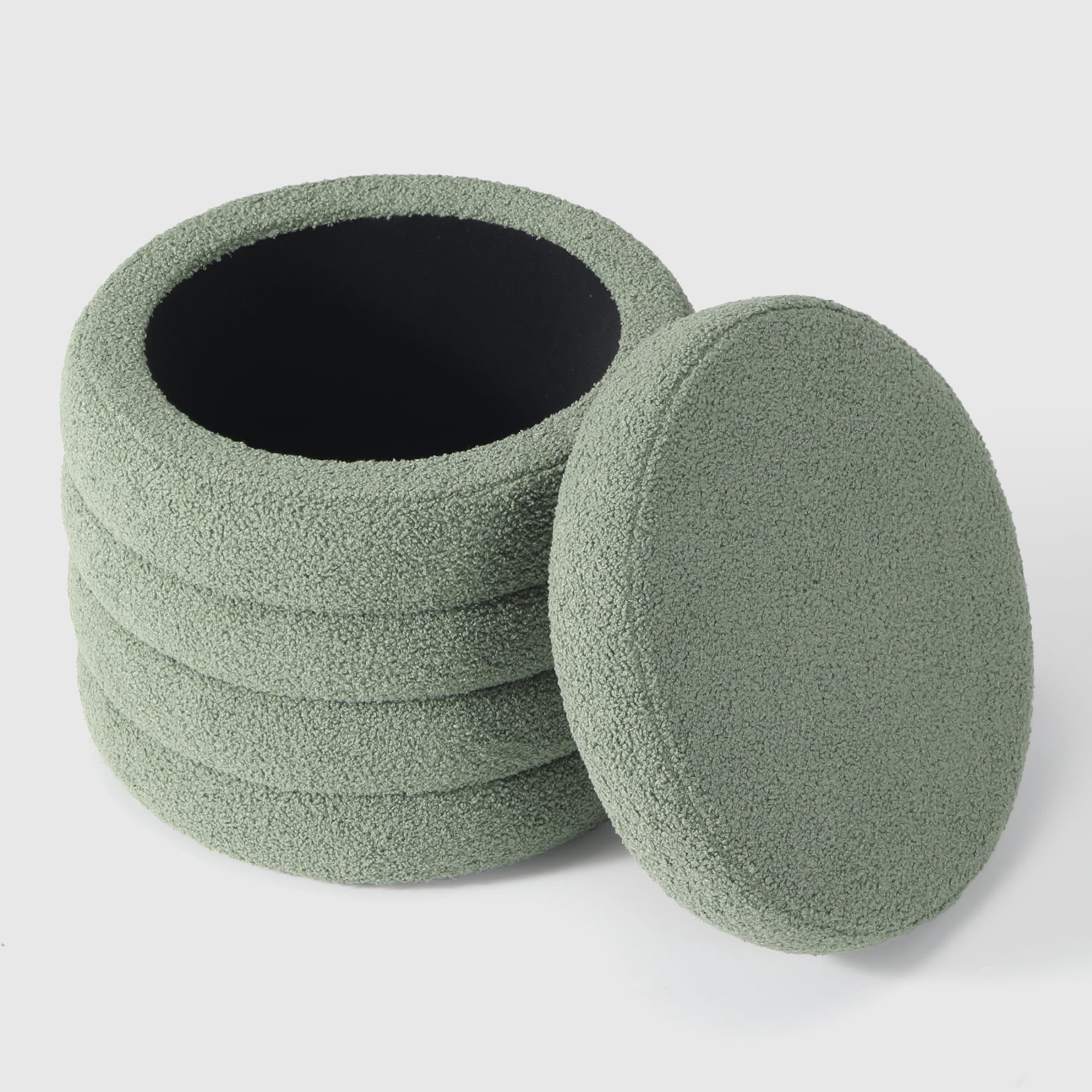 WestinTrends Alexandria Mid-Century Modern Faux Sherpa Round Storage Ottoman, Ice Green