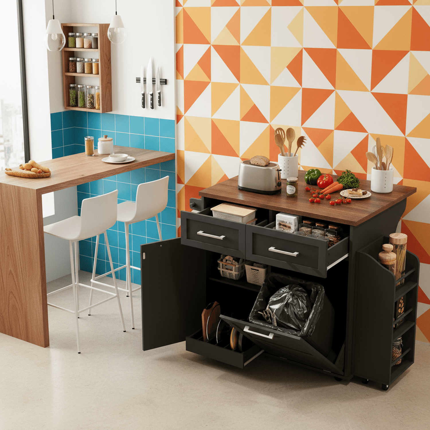Homy Casa Kitchen Serving Cart with Drop Leaf, Storage Cabinets, Drawers and Wheels, Black