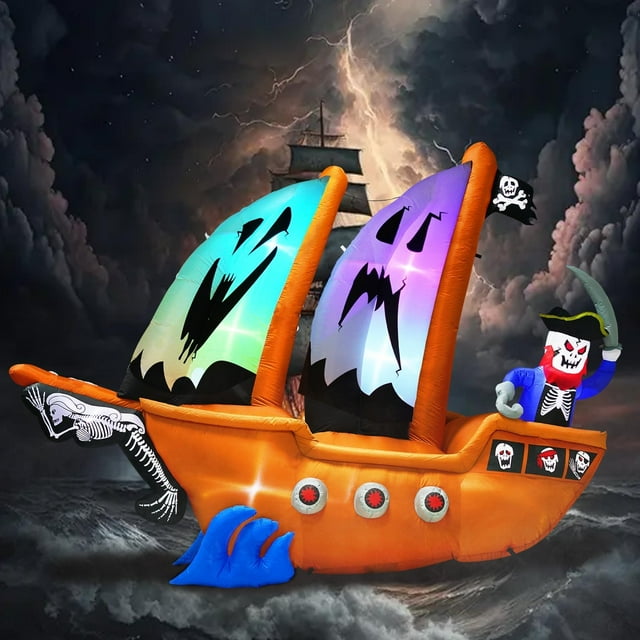 inslife 10FT Length Halloween Inflatable Pirate Ship and Pirate Skeleton, Blow Up Pirate Ship Inflatables Built-in 5 LEDs and 4 RGB Lights for Halloween Inflatables Outdoor Decoration