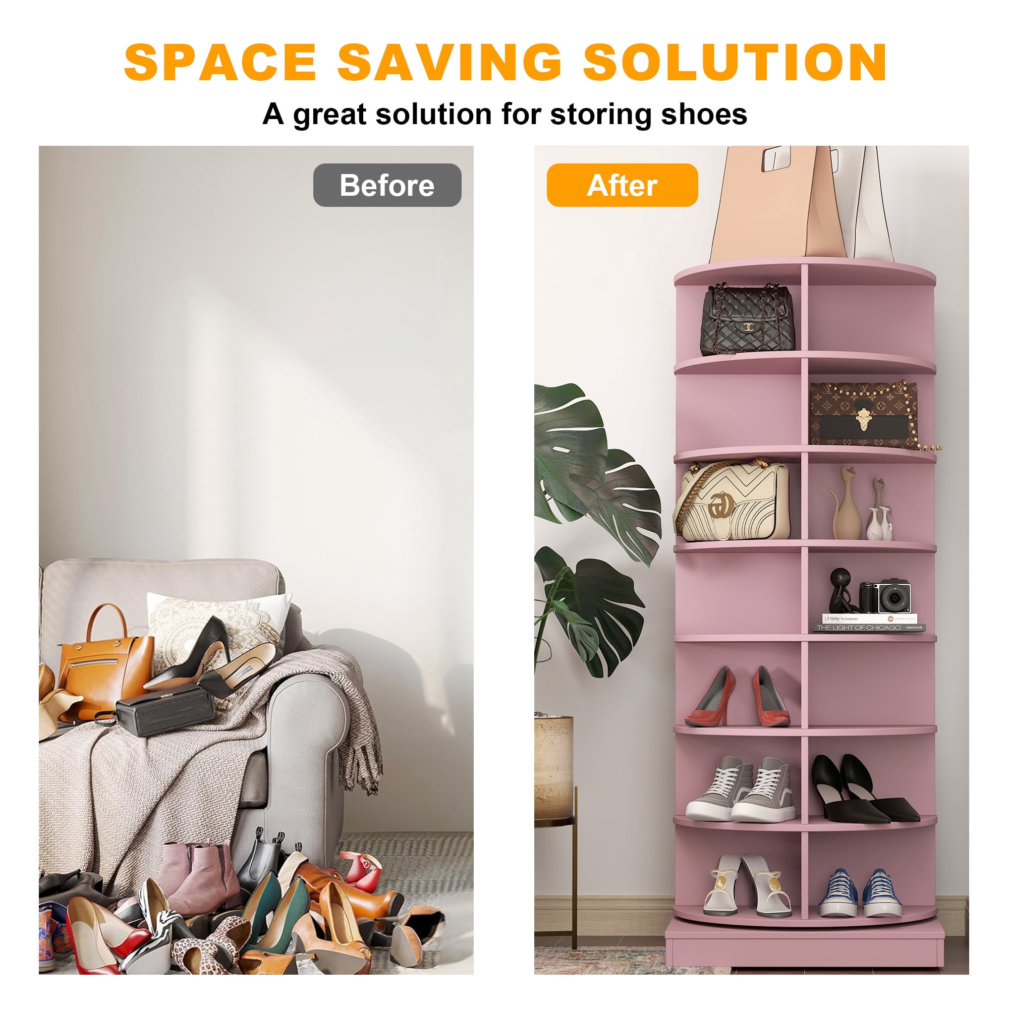 Aukfa 7-Tier Rotating Shoe Rack Tower, 360° Spinning Shoe Display Closet Organizer, Pink