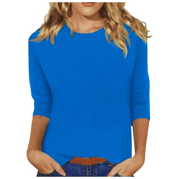 Knosfe 3/4 Length Womens Tops Loose Crew Neck Tee Shirts Womens Solid Color Women's Shirts Elbow Sleeve Tops for Women Blue M