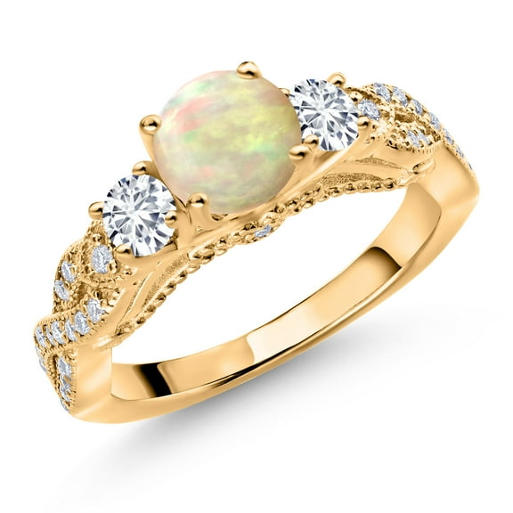 Gem Stone King 18K Yellow Gold Plated Silver White Ethiopian Opal White Lab Grown Diamond and White Moissanite Engagement Ring for Women (1.03 Cttw, Gemstone, Round Cabochon 6MM and 3MM, Size 7)