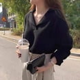 thumbnail image 4 of Suéter de estilo coreano para mujer, suéter de cuello alto con solapa entreabierta de otoño, suéter de punto suelto de manga larga estilo coreano, 4 of 5