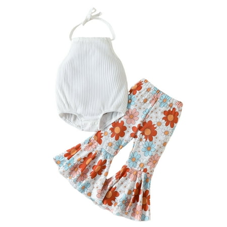 

Niuer Newborn 2Pcs Outfit Suit Floral Tops + Shorts Halter Neck Summer Outfits Elastic Waist Sleeveless White 100cm