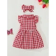 thumbnail image 3 of 18 Months Baby Girls Dress Toddler Girls Summer Plaid Dress 24 Months Girls Flying Sleeve Lapel Dress with Headband Red, 3 of 7