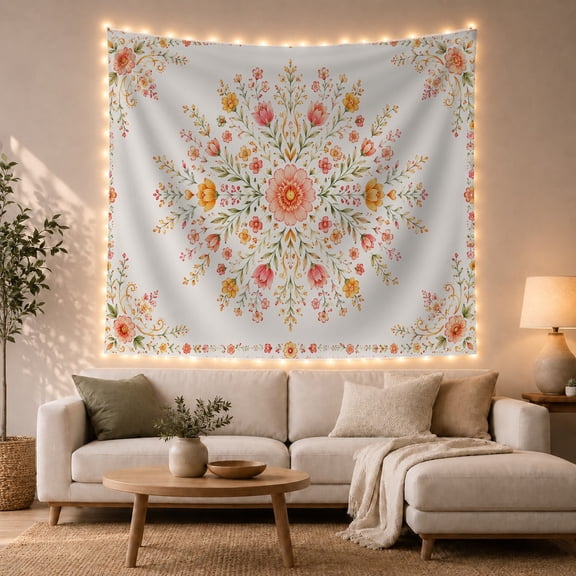 Floral Mandala on a Pale Blue Background, Peaceful Watercolor Style for Boho Decor Lovers, Botanical Wall Art, Housewarming Gift Tapestry Wall Hanging for Bedroom and Living Room