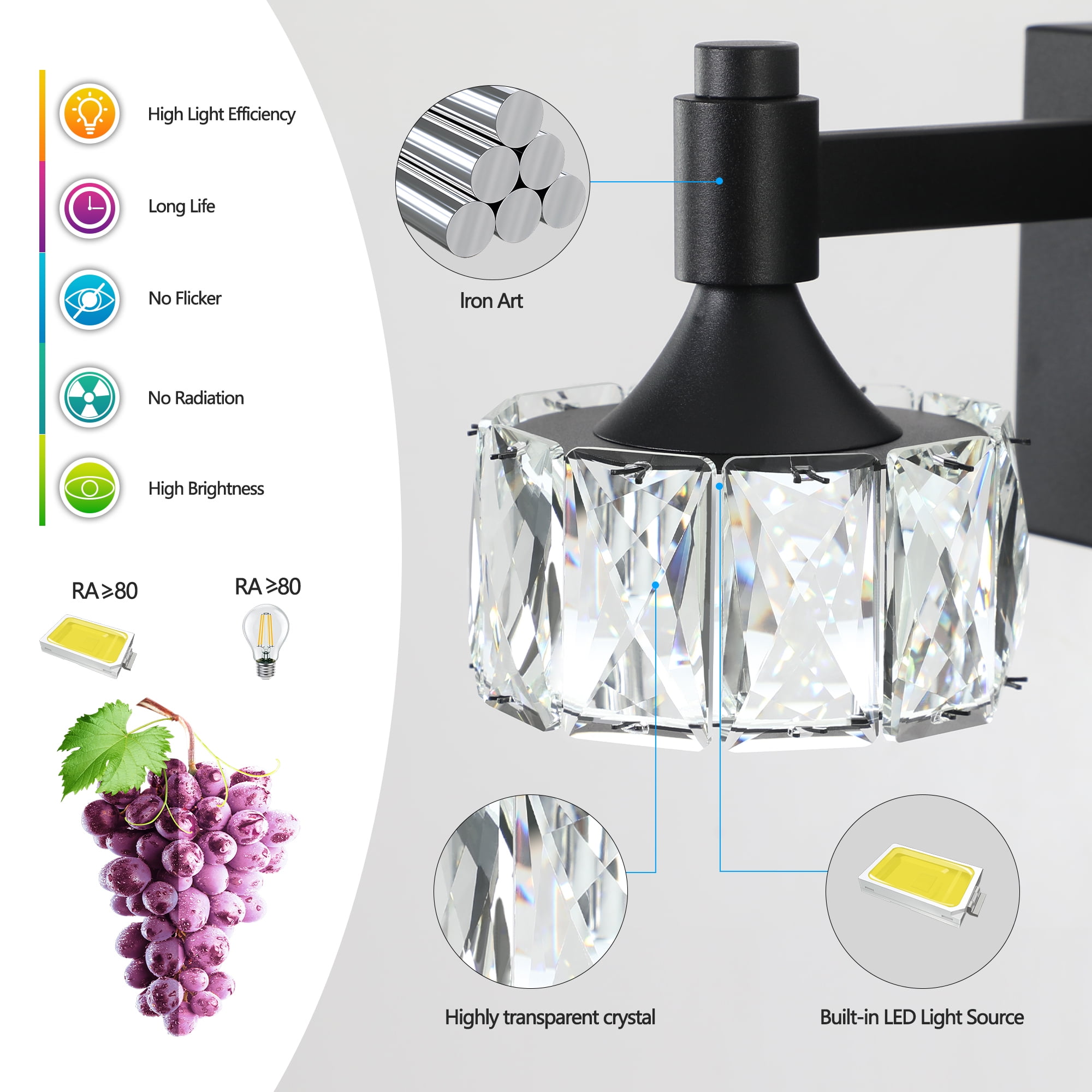 Jopath Modern 6-Light Matte Black LED Vanity Light Fixture with Crystal Glass Shades, Elegant and Contemporary Bathroom Wall Sconce for Bathroom Vanity Mirror