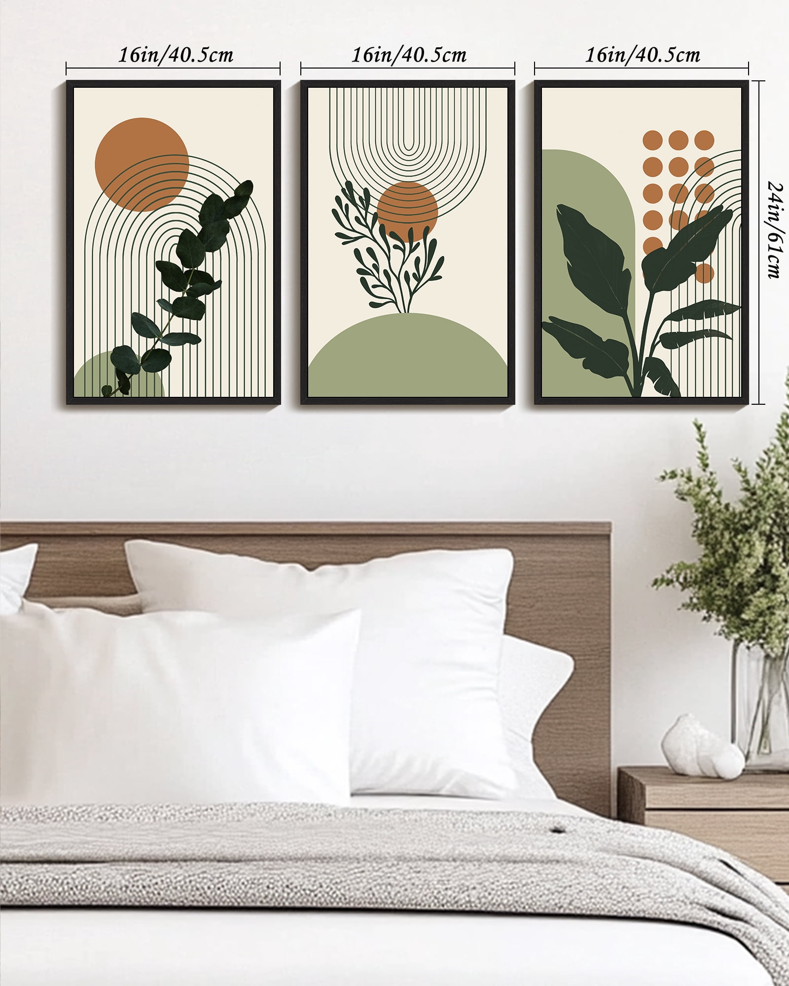 Drsoum 16x24in3pcs Black Framed Boho Plant Wall Decor Green Botanical Bohemain Wall Printing Abstract Prints with Leaf & Sun Lines Art