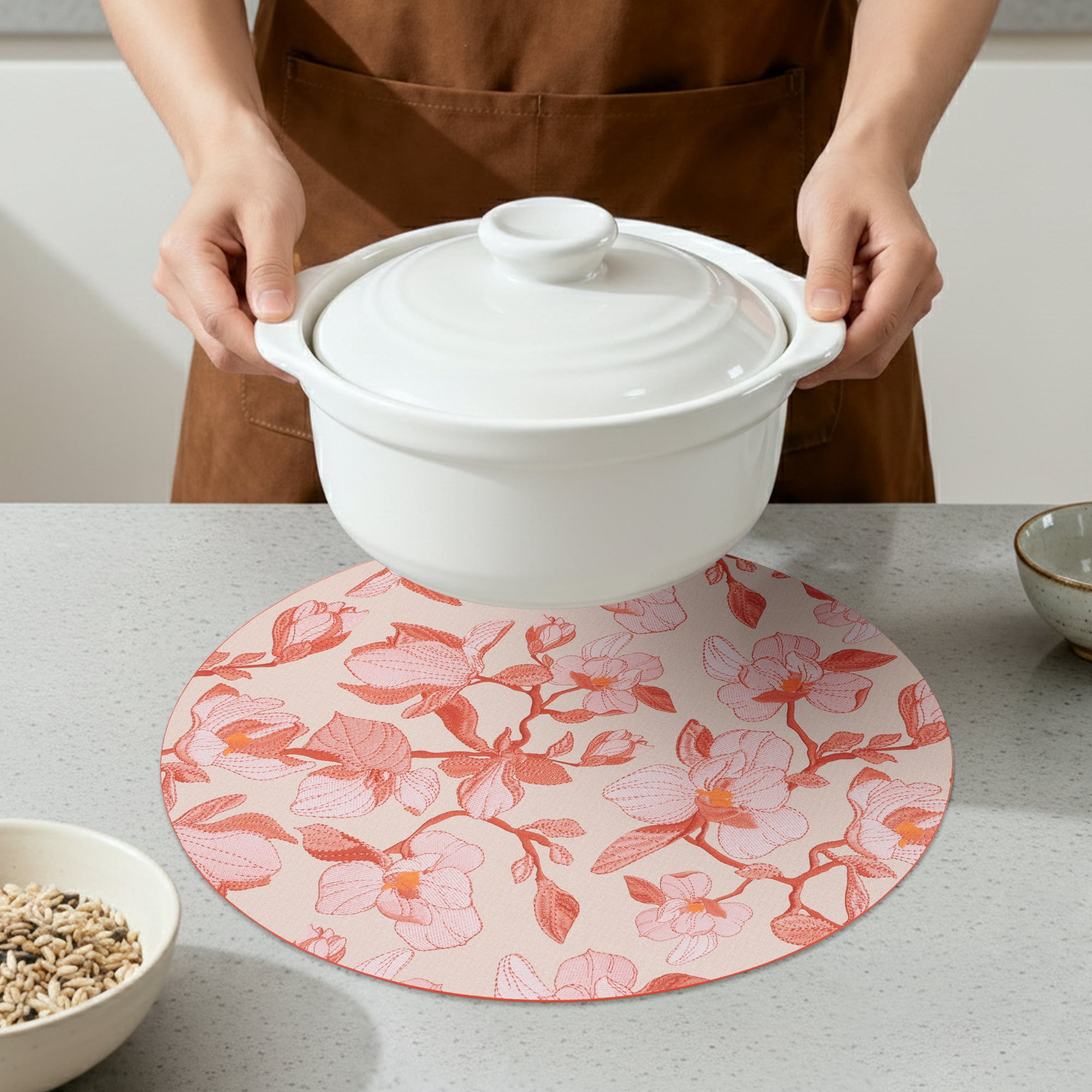 Unique Bargains 6pcs Faux Leather Floral Placemats Red 13"x13"