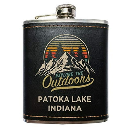 

Patoka Lake Indiana Explore the Outdoors Souvenir Black Leather Wrapped Stainless Steel 7 oz Flask