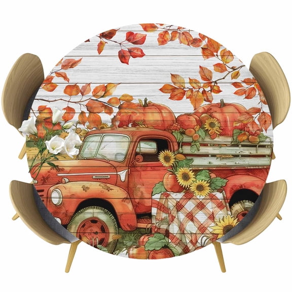 Orange Truck Fall Table Cloth, Round Fitted Tablecloths with Elastic Edge, Autumn Floral Pumpkins Harvest Vintage Wipeable Waterproof Table Cover for Kitchen Wedding 55-60 Inches