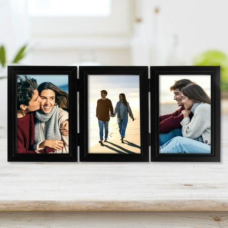 Gpoty 3-Opening 6.7x4.7”Picture Frame,Hinged Triple Folding Picture Frame 180° Foldable Hinged Picture Frame Stand Vertically on Desktop Photo Frame with Glass Front Foldable Frame,Black