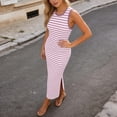 thumbnail image 5 of DHFJKG Summer Dresses For Women Maxi Dress Casual Striped Knit Bodycon Side Slit Sleeveless Beach Vacation Sundress Slim Fit Cozy Dresses, 5 of 5