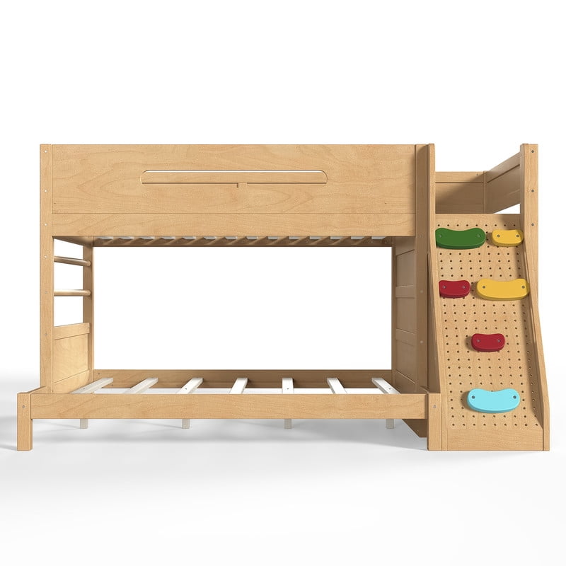 Twin/Twin XL Over Full Bunk Bed with Built-in Wardrobe, Storage Shelves, Rock Climbing Wall, Solid Wood Bunk Bed Fram with Full-Length Guardrails, No Box Spring Needed