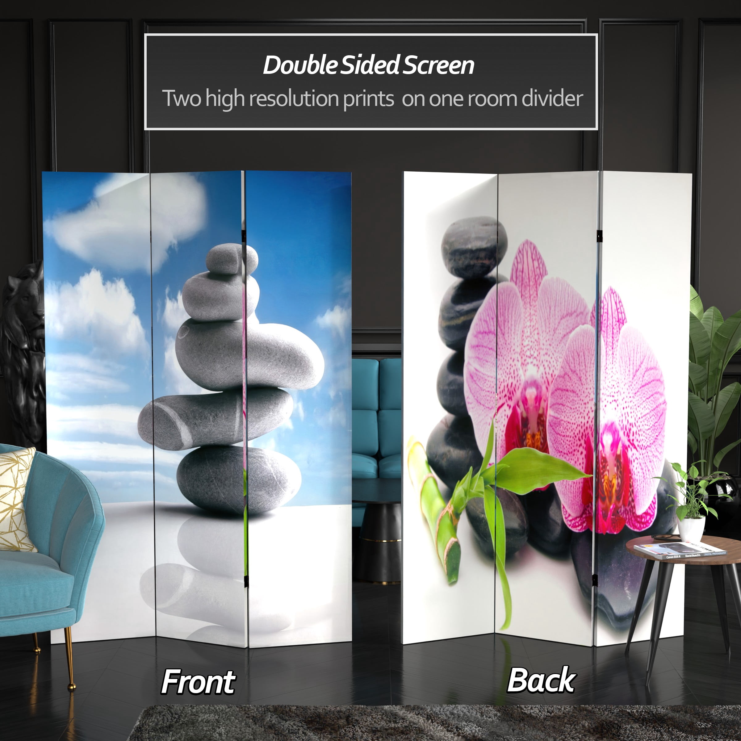 6 ft. Tall Traditional Zen Rock Art Print Canvas Screen Room Divider