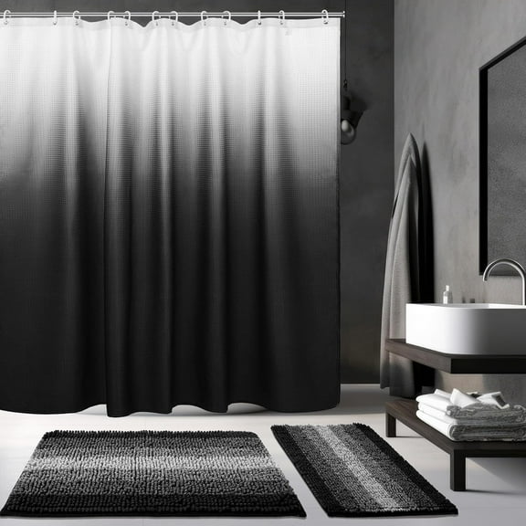 3 Pcs Black Shower Curtain and Rug Sets with 12 Hooks,Waterproof Ombre Bathroom Shower Curtains Set for Hotel Bathroom Decor