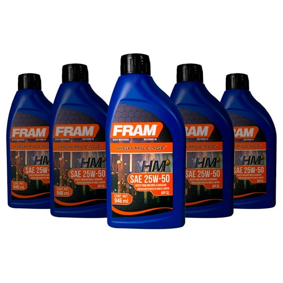 Aceite Mineral Motor FRAM Alto Kilometraje 25W50 5 Botellas