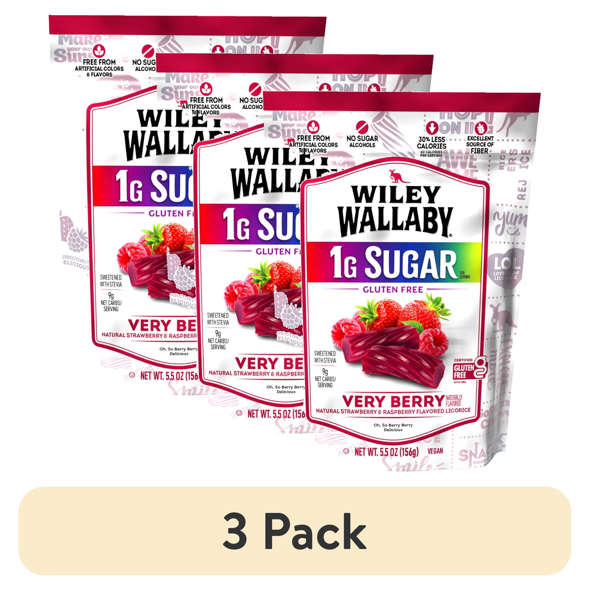 (3 pack) Wiley Wallaby 1G Sugar Gluten Free Very Berry Licorice Stand-up Regular Sized Bag 5.5 oz.